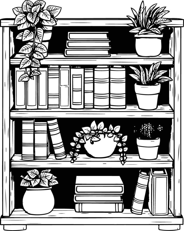 A bookshelf filled with books, decorated with small, charming green potted plants. vector