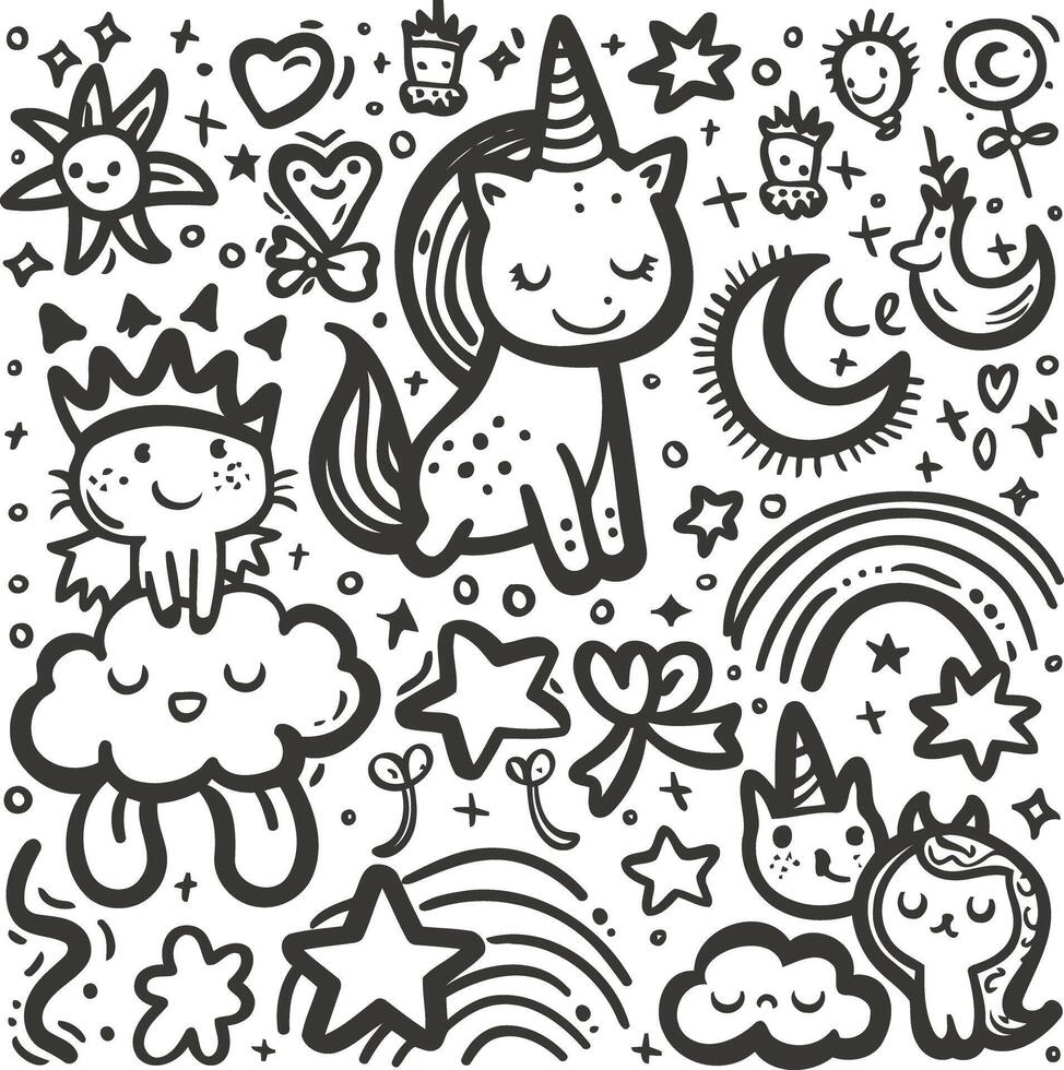 Cute hand drawn Unicorns doodle icon for coloring book vector