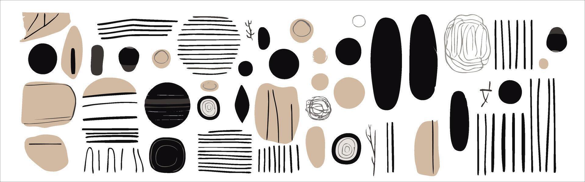 set elements features hand-drawn, minimalist, and abstract designs. Utilizing a monochrome palette with contemporary stripes and geometric shapes, for creating wall art vector