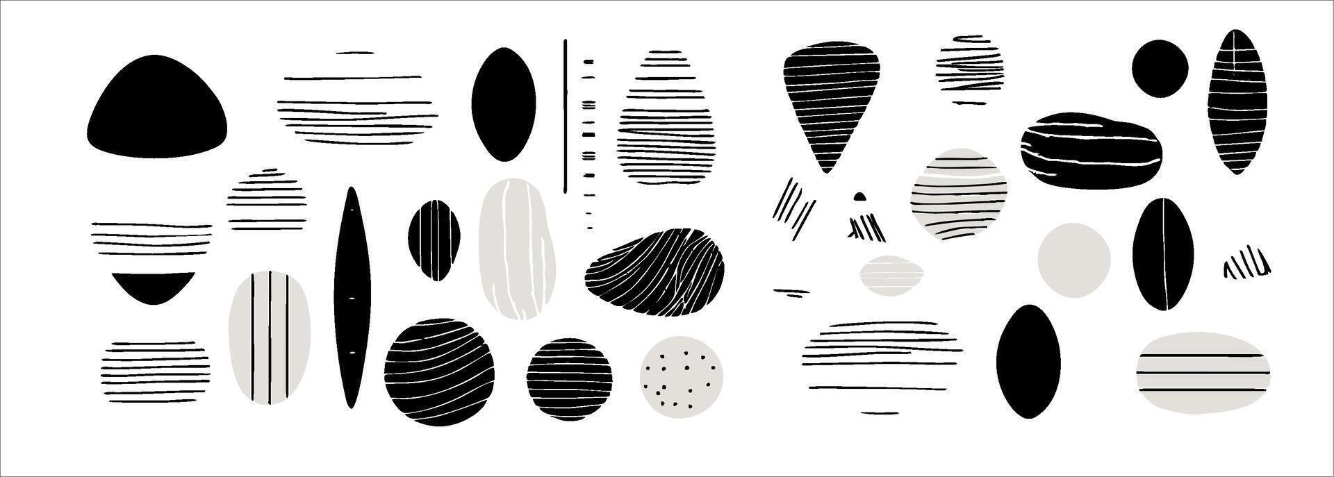 set elements features hand-drawn, minimalist, and abstract designs. Utilizing a monochrome palette with contemporary stripes and geometric shapes, for creating wall art vector