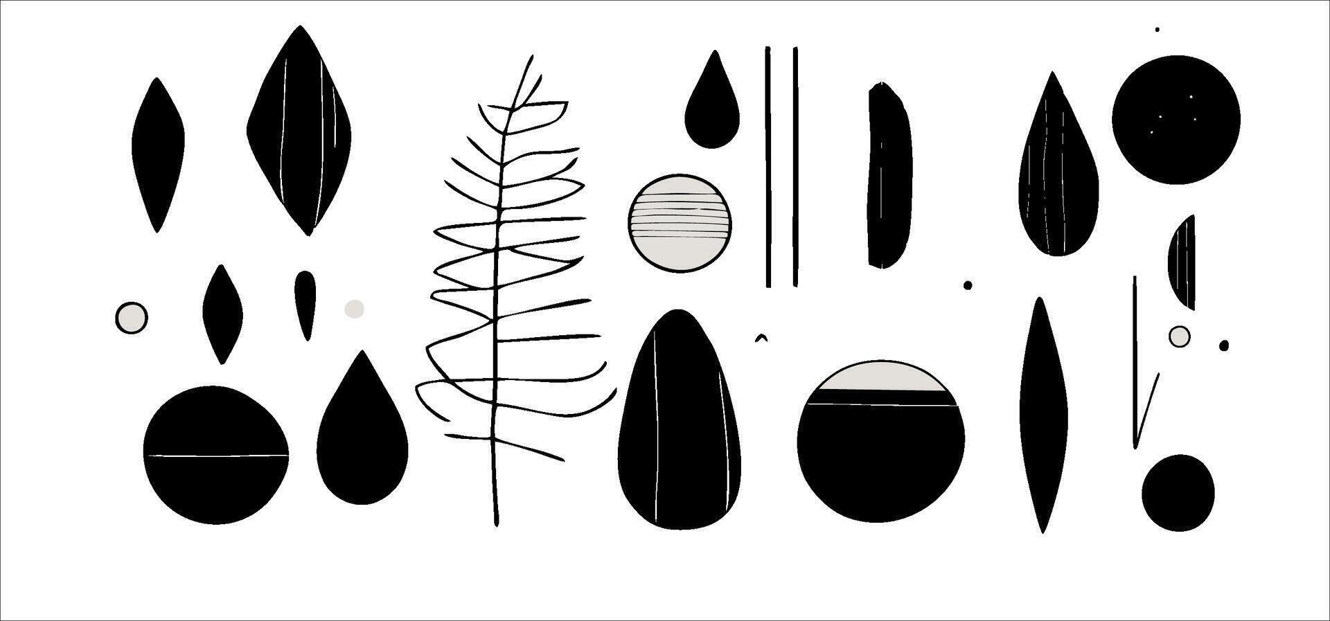 set elements features hand-drawn, minimalist, and abstract designs. Utilizing a monochrome palette with contemporary stripes and geometric shapes, for creating wall art vector