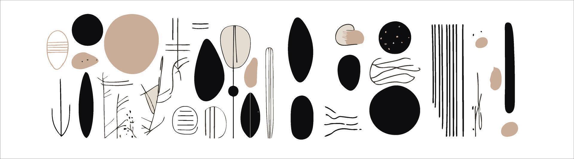 set elements features hand-drawn, minimalist, and abstract designs. Utilizing a monochrome palette with contemporary stripes and geometric shapes, for creating wall art vector