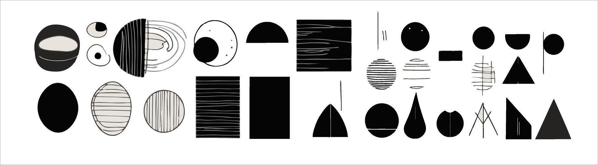 set elements features hand-drawn, minimalist, and abstract designs. Utilizing a monochrome palette with contemporary stripes and geometric shapes, for creating wall art vector