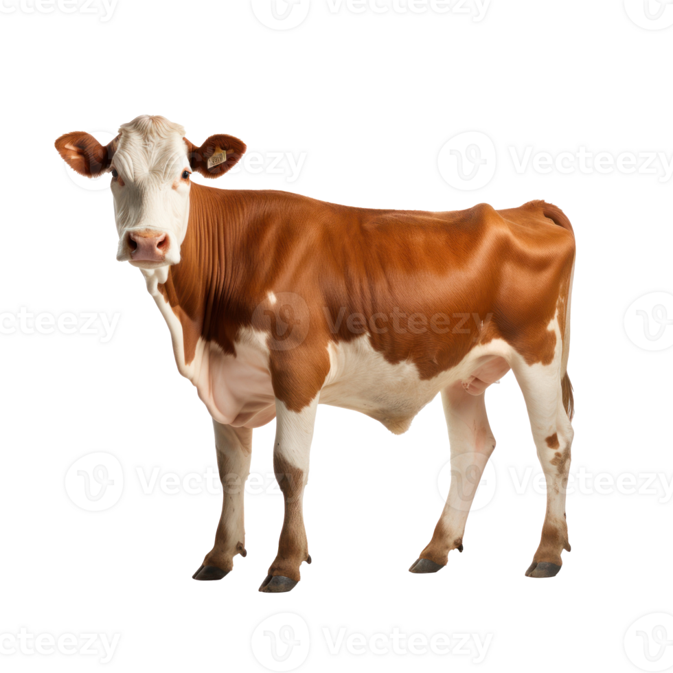 a brown and white cow standing on a transparent background png