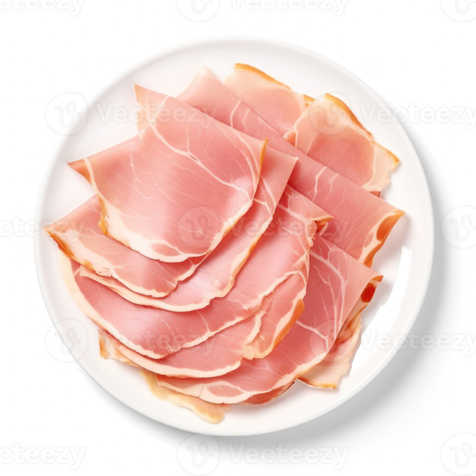 sliced ham on a plate on a transparent background png