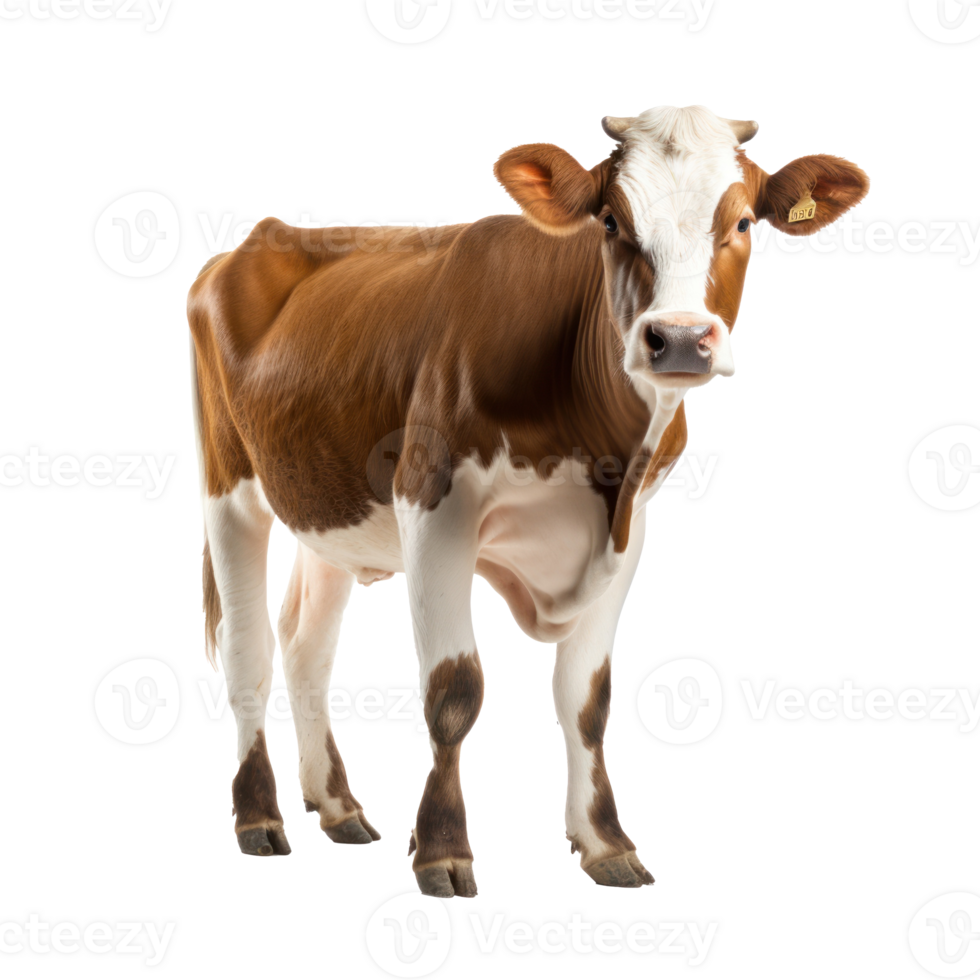 a brown and white cow standing on a transparent background png