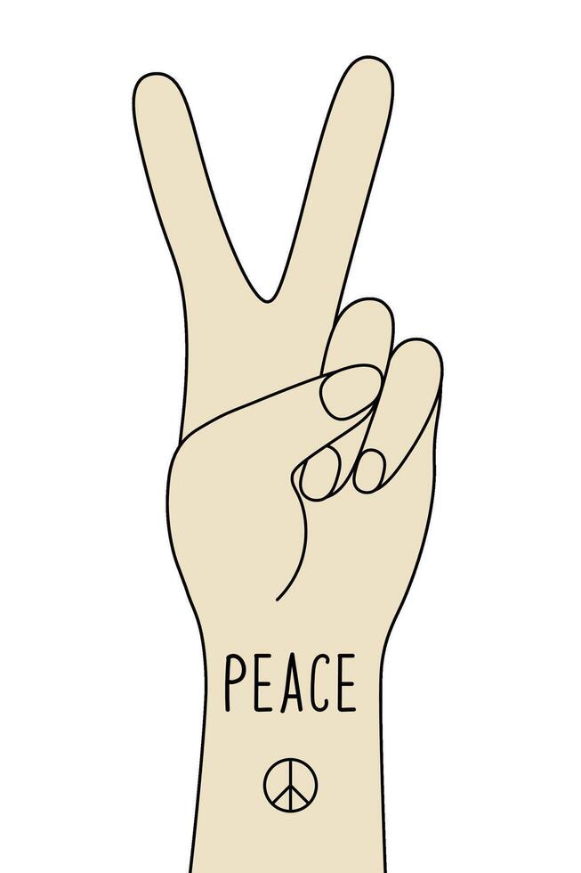 Peace hand symbol or Victory sign gesture isolated on a clear background. A hand with two fingers raised up and the inscription Peace. Day of Peace vector