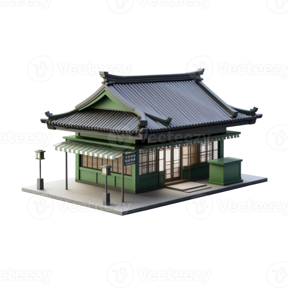 an asian style building with a roof and a green roof png