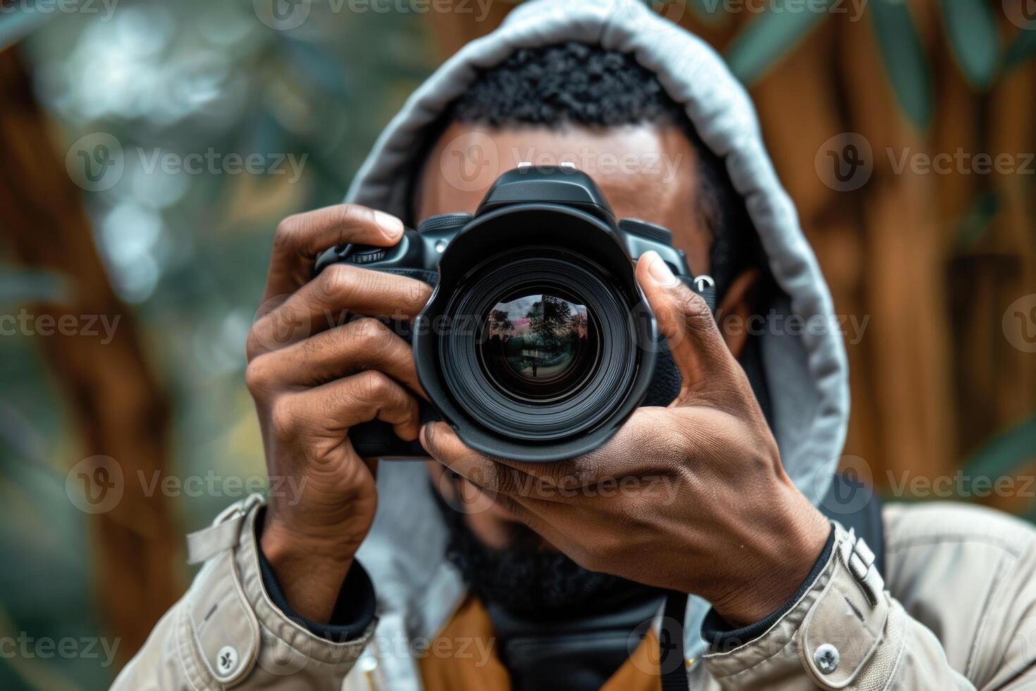 man hand holding camera looking through lens. photo