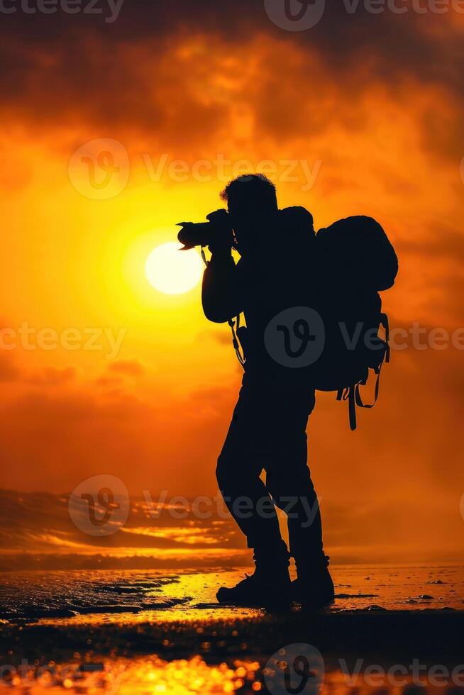 man hold camera on the cliff of the mountain on sunset background, photo