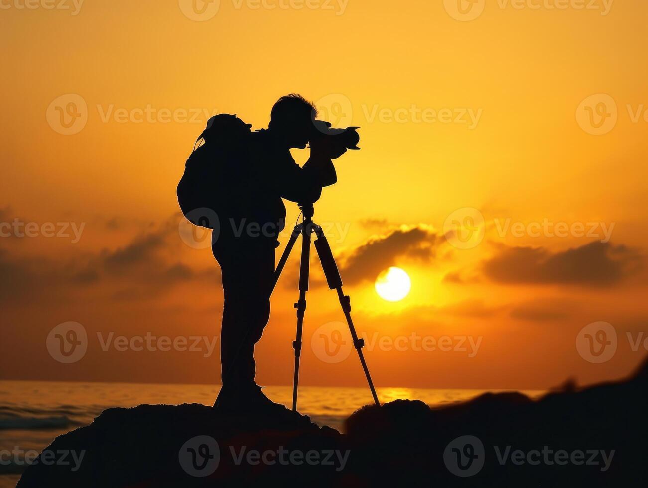 man hold camera on the cliff of the mountain on sunset background, photo