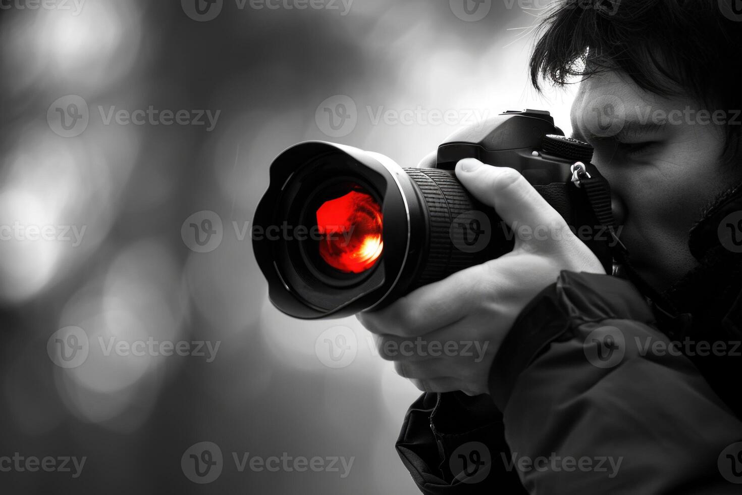 man hand holding camera looking through lens. photo