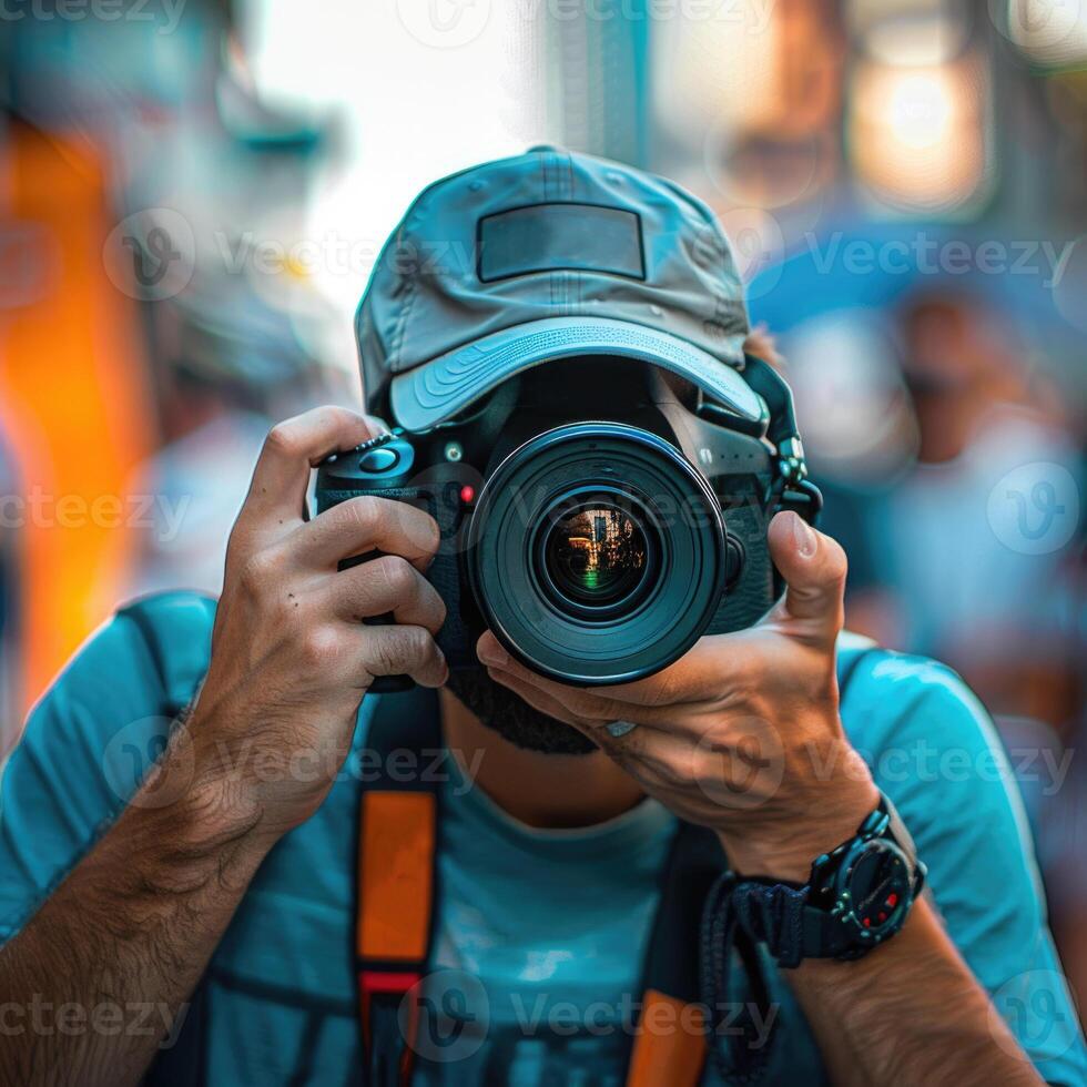 man hand holding camera looking through lens. photo