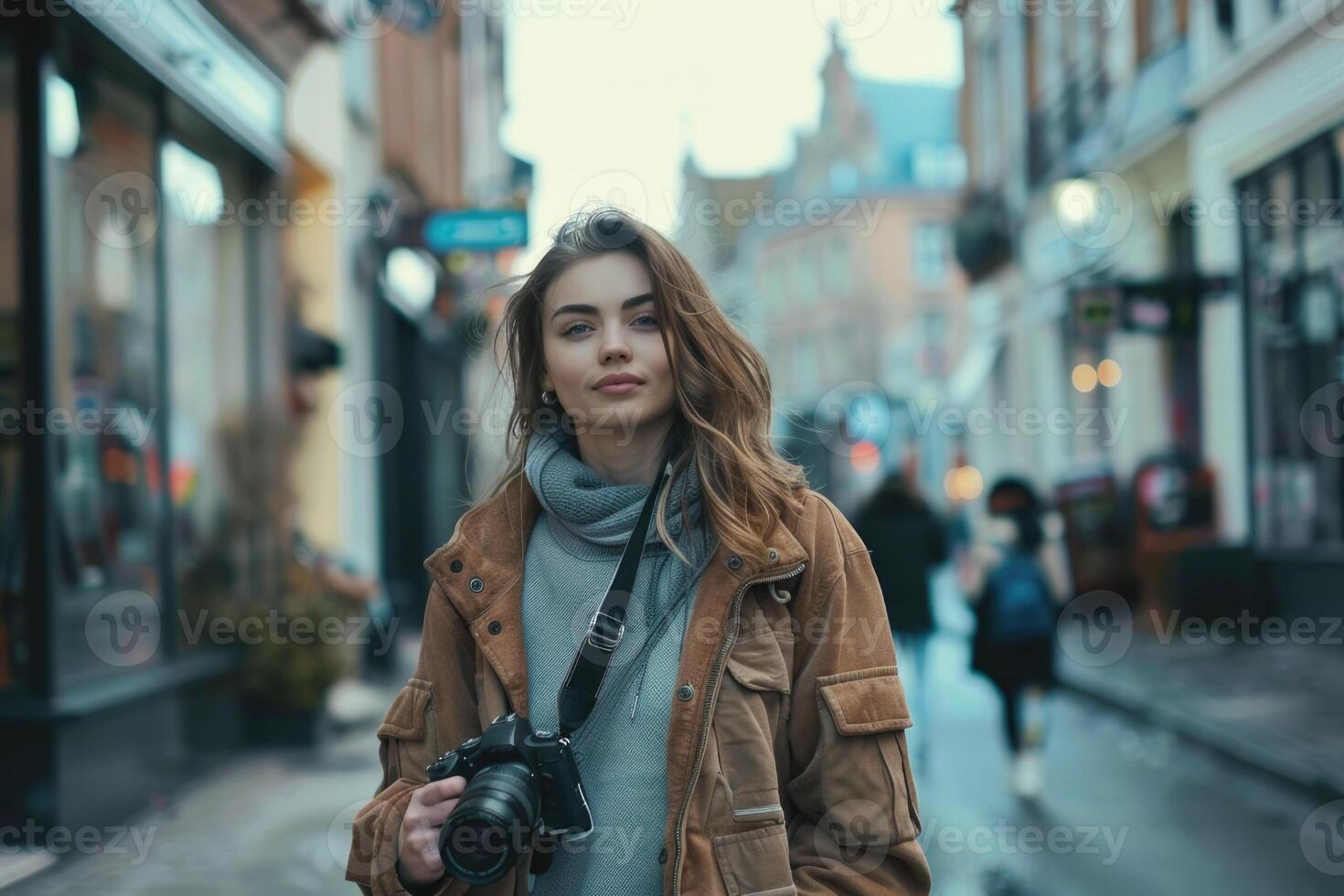 woman using camera in street . photo