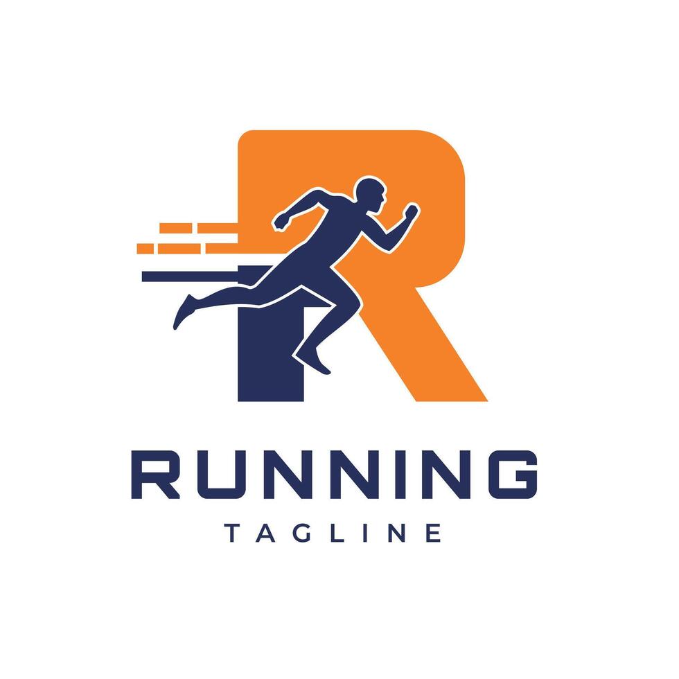 Silhouette of a Runner in dark blue moving across a large orange R This design is suitable for companies or organizations involved in sports, athletic training vector