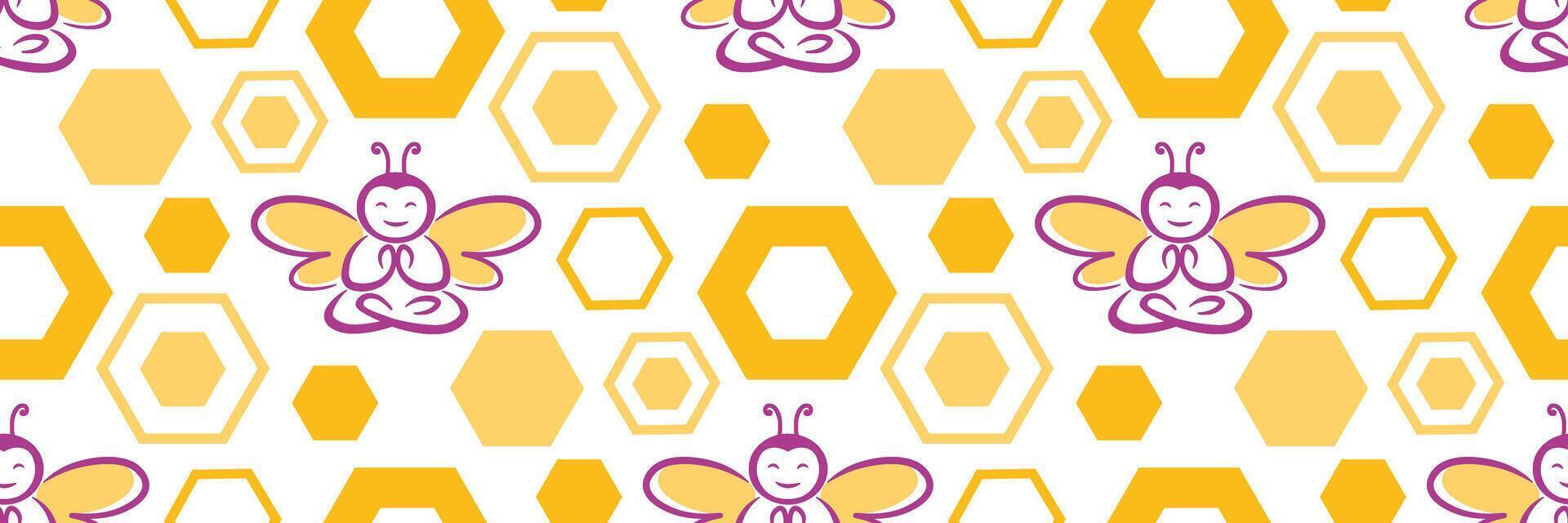 Honeycomb with bee seamless pattern. Mosaic geometric hexagon cells, yellow fresh drops of honey flow from frames, healthy organic farm food. Meditative yoga asana. illustration for branding. vector