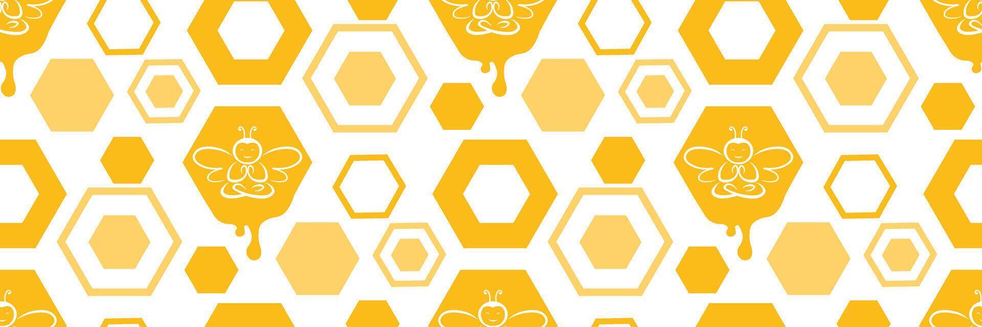 Honeycomb with bee seamless pattern. Mosaic geometric hexagon cells, yellow fresh drops of honey flow from frames, healthy organic farm food. Meditative yoga asana. illustration for branding. vector