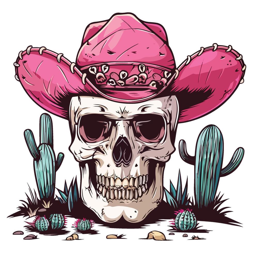 skull with a pink cowboy hat with cactus illustration vector