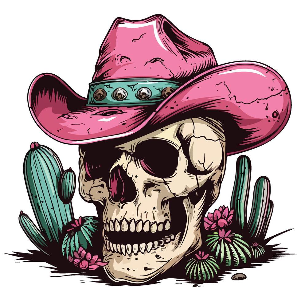 skull with a pink cowboy hat with cactus illustration vector