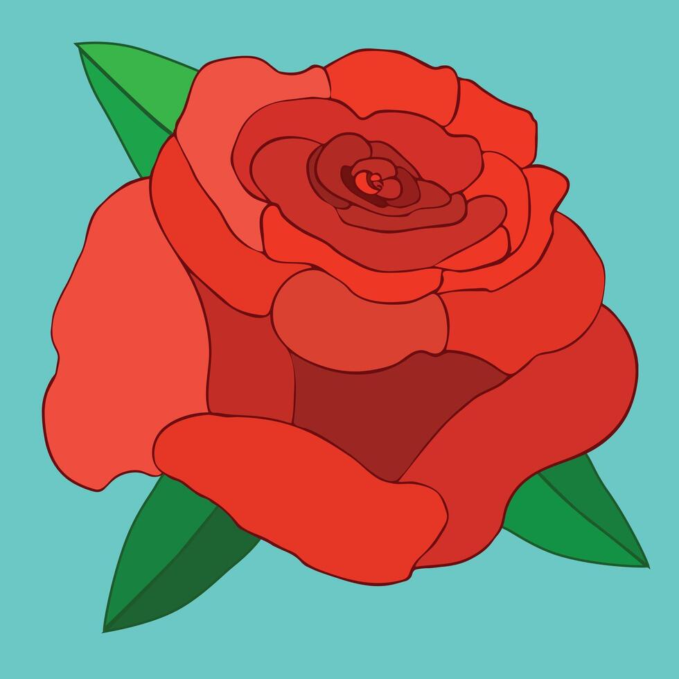 An illustration of a big red rose. The rose is filled line drawing and there are some green leafs visible. The background is soft blue. vector