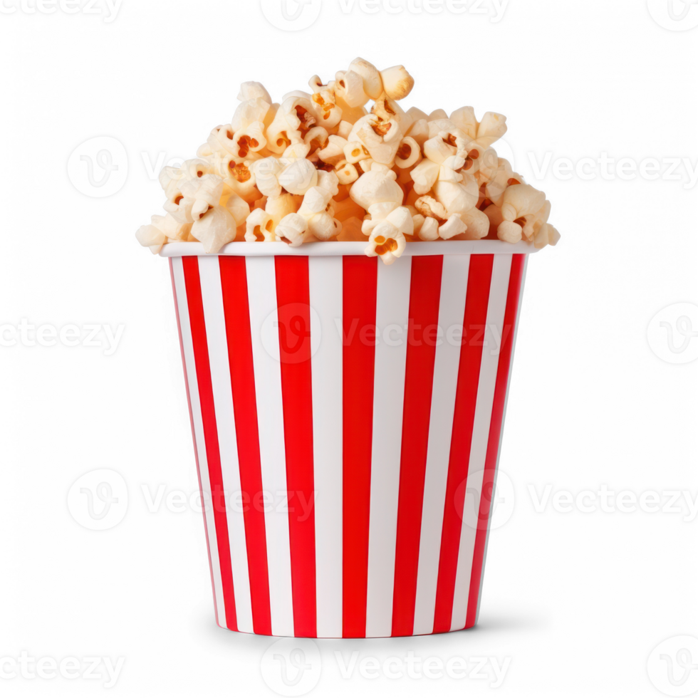 popcorn in a red and white striped bucket on a transparent background png