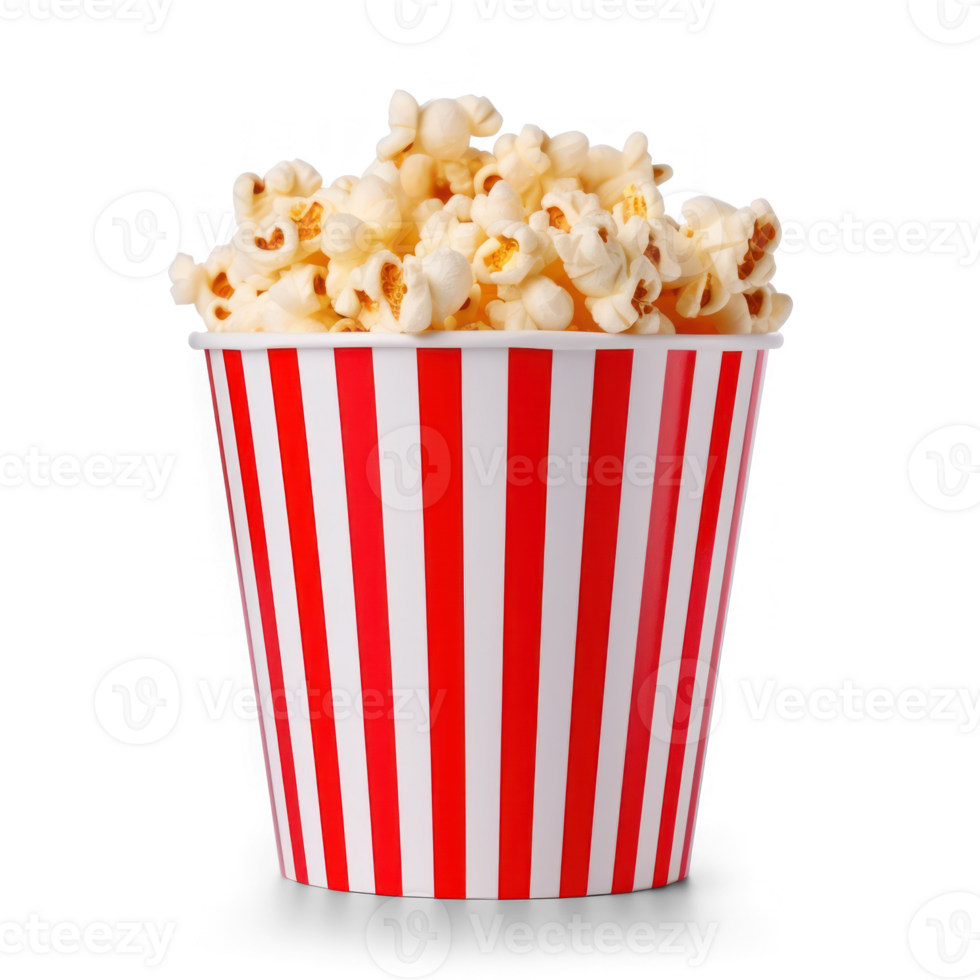 popcorn in a red and white striped bucket on a transparent background png