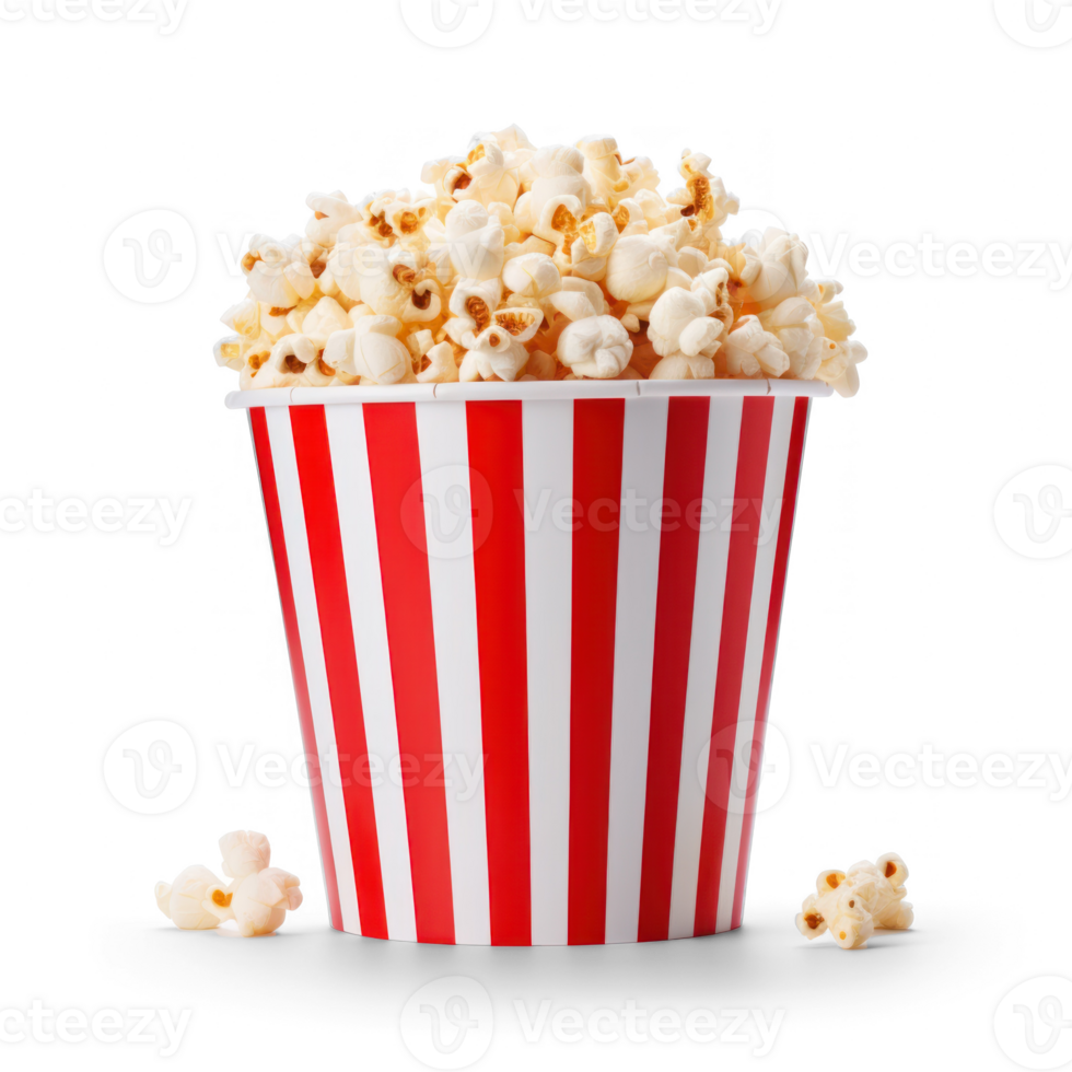 popcorn in a red and white striped bucket on a transparent background png