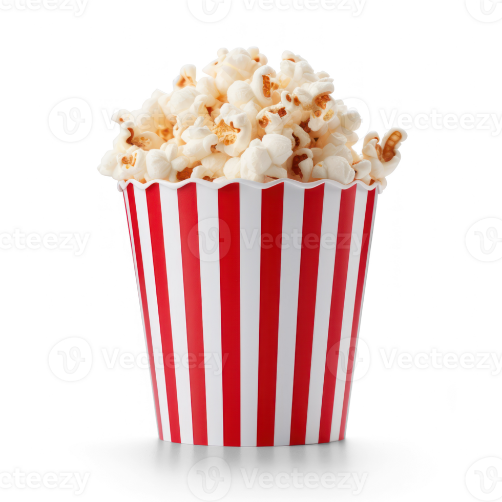 popcorn in a red and white striped bucket on a transparent background png