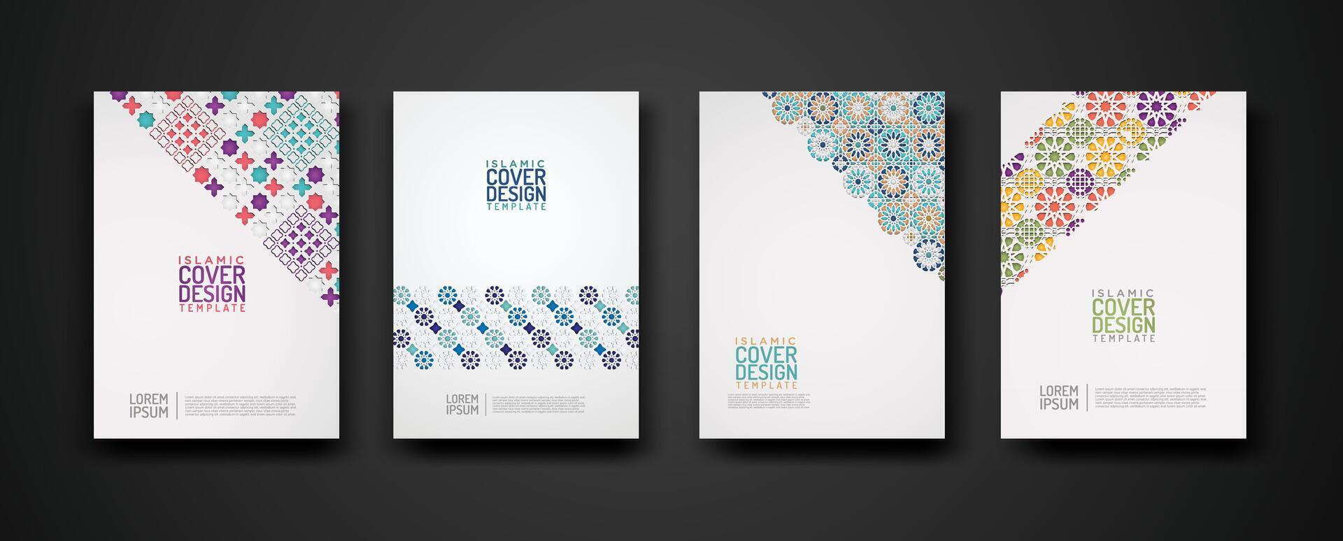 Set islamic cover design template with colorful detail and texture of floral mosaic islamic art ornament. vector