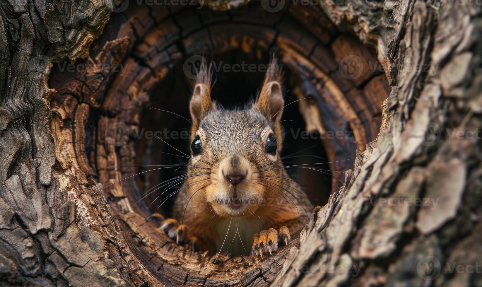 Top view of a squirrel peeking out from a tree hollow photo