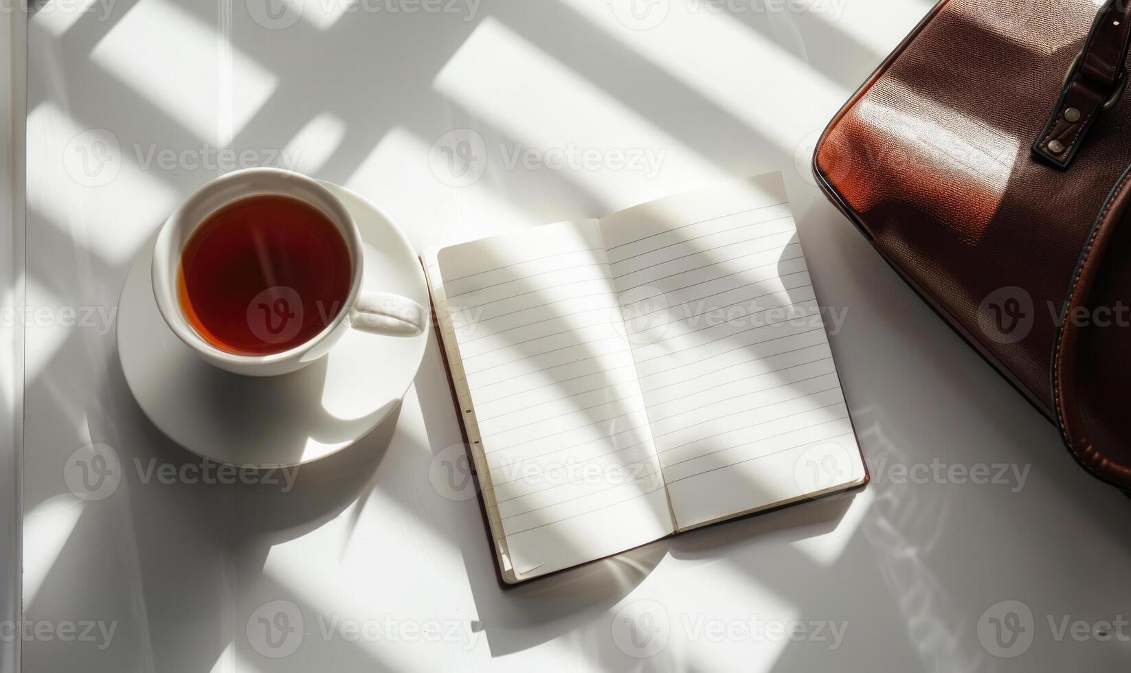 Closed notebook on a white table with a cup of coffee and a handbag photo