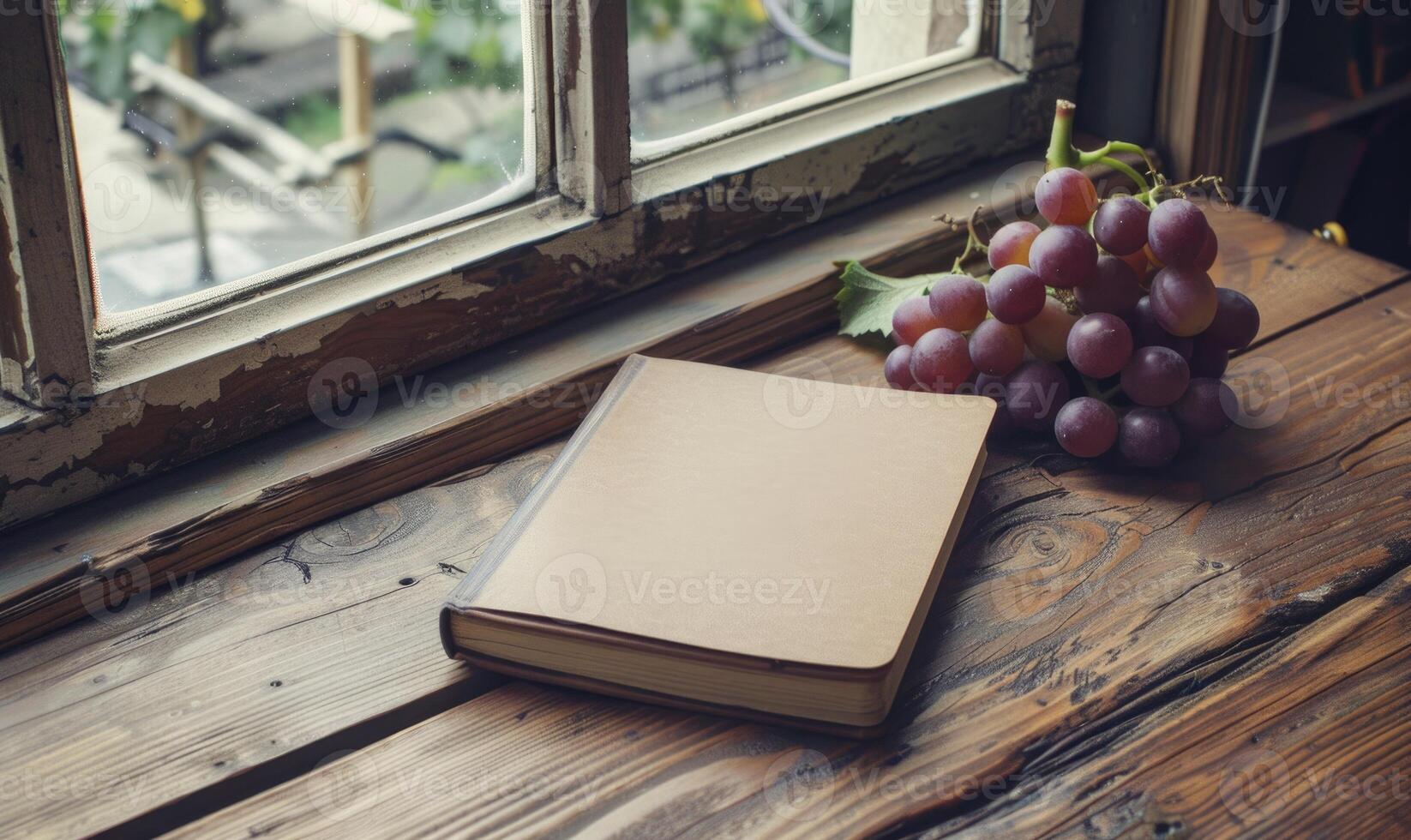 Notebook on a wooden table with a bunch of grapes photo