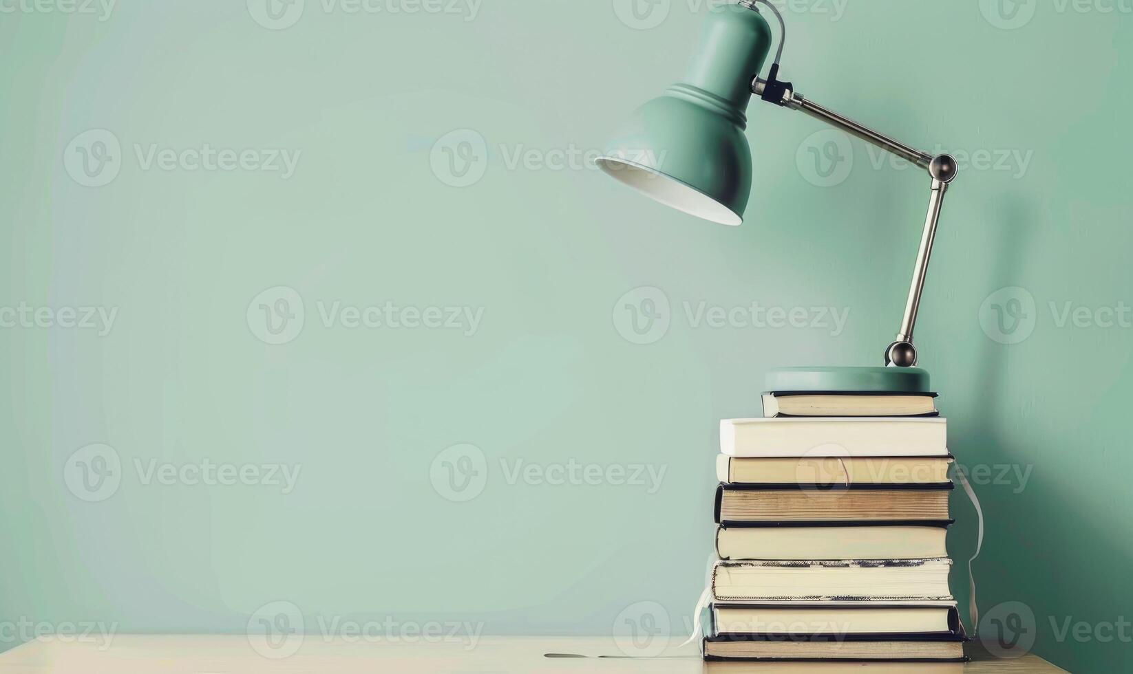 Stack of books on a beige table with a pastel sage green background with a desk lamp photo