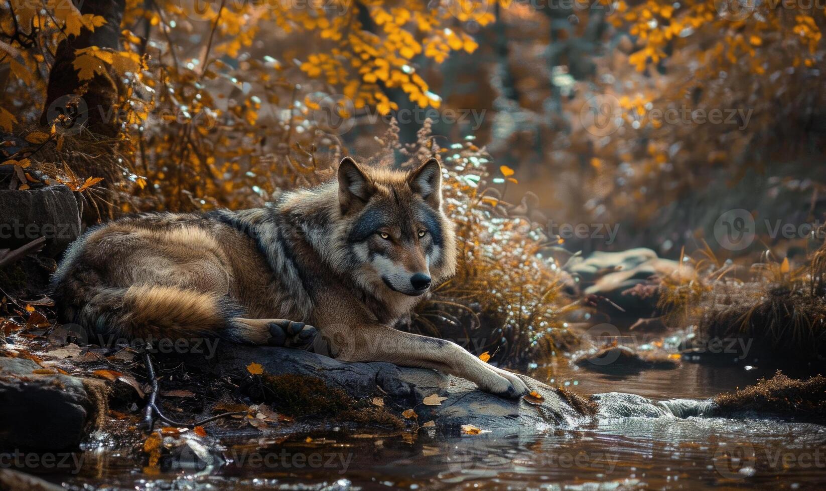 Wolf resting by a stream, autumn forest photo