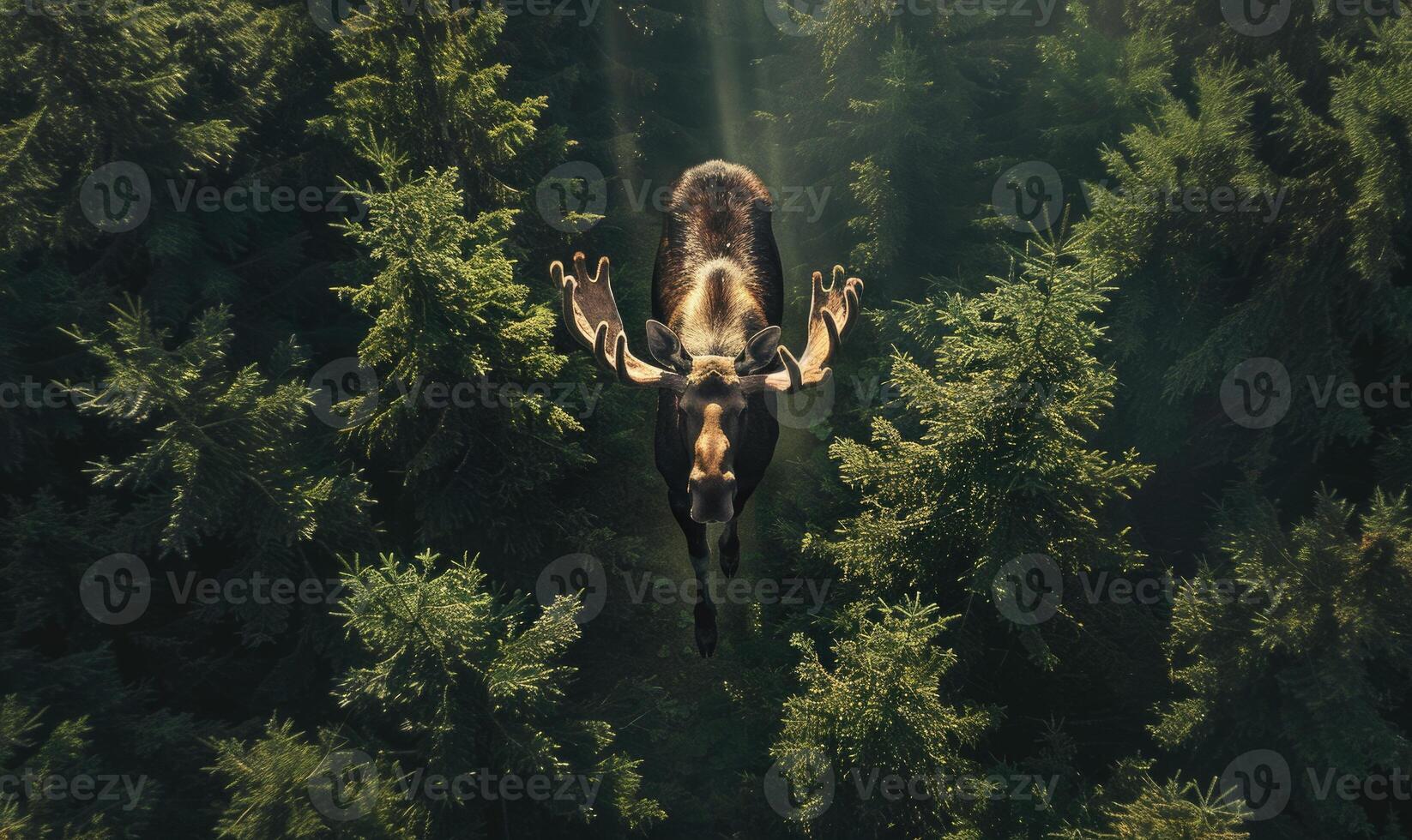 Top view of a moose walking through a dense forest photo
