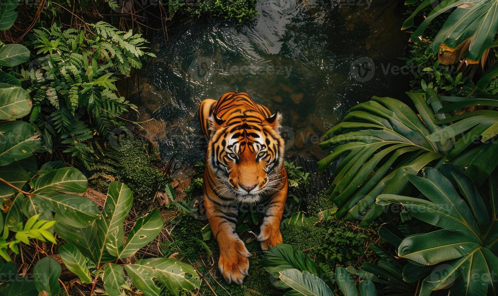 Top view of a tiger lying in the shade photo