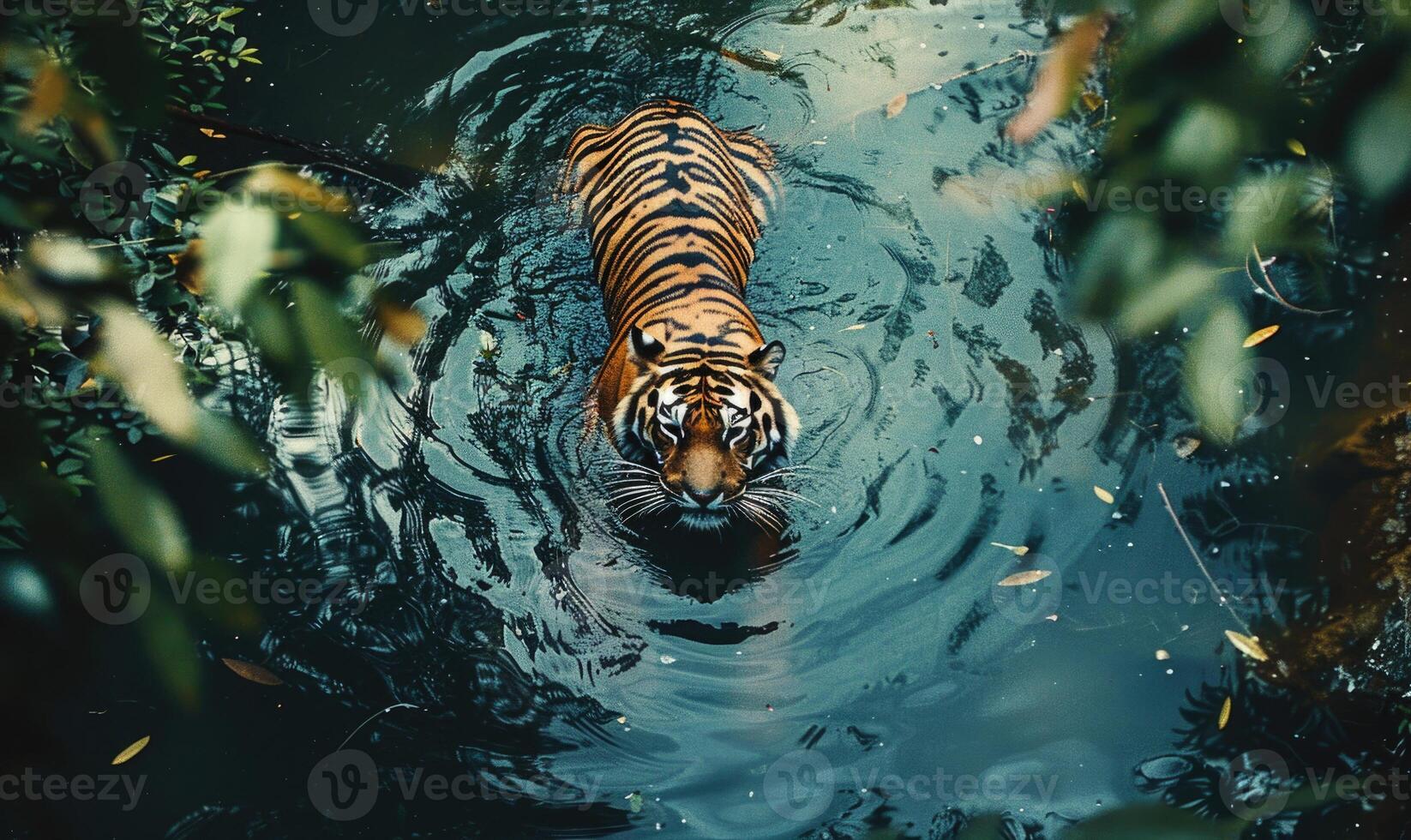 Top view of a tiger bathing in the river photo