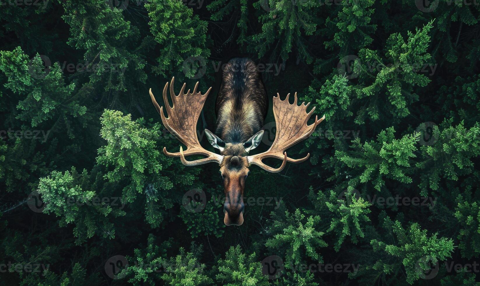 Top view of a moose standing at the edge of a forest clearing photo