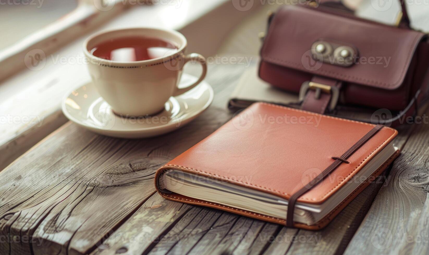 Notebook on a wooden table with a cup of tea and a handbag photo