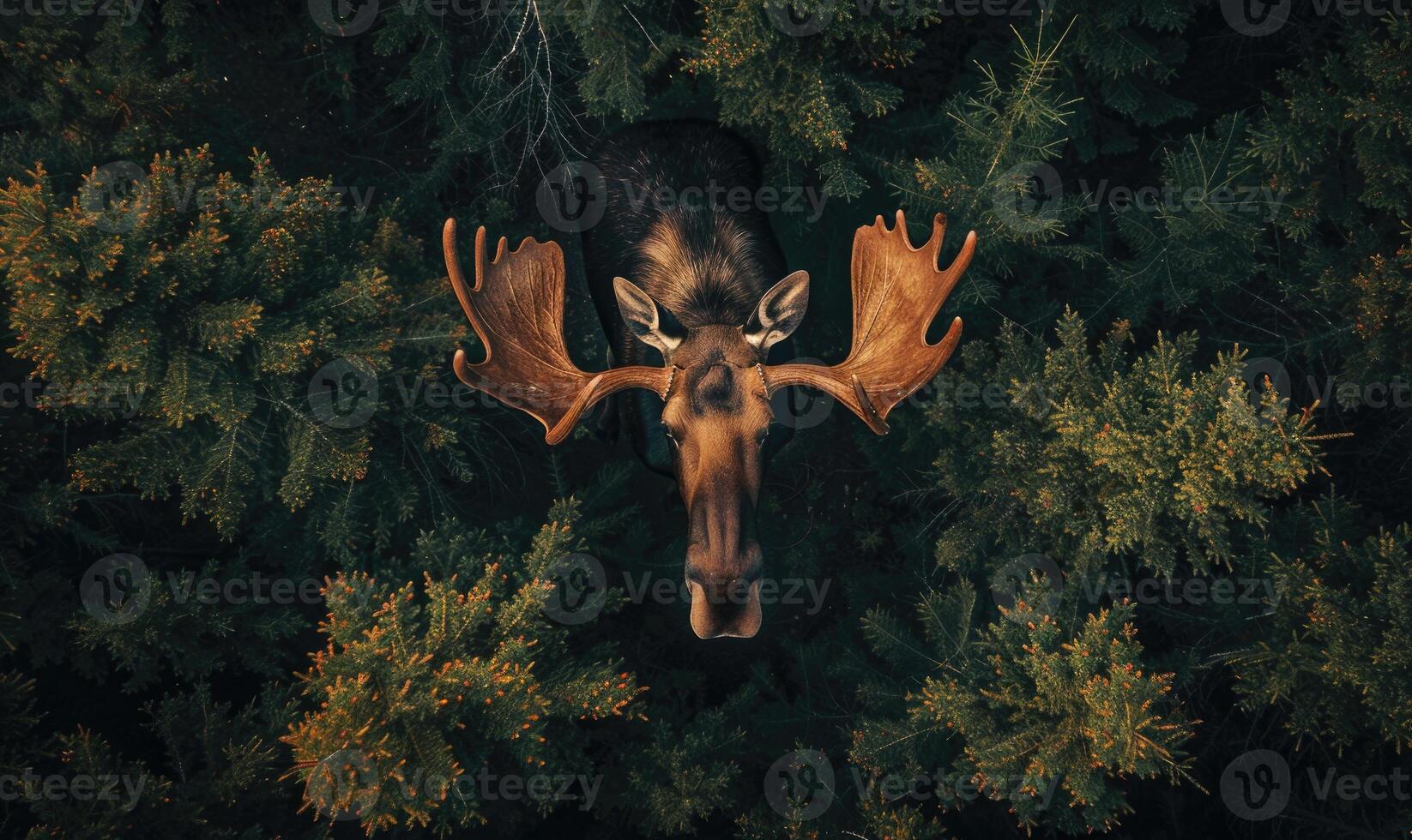 Top view of a moose standing at the edge of a forest clearing photo