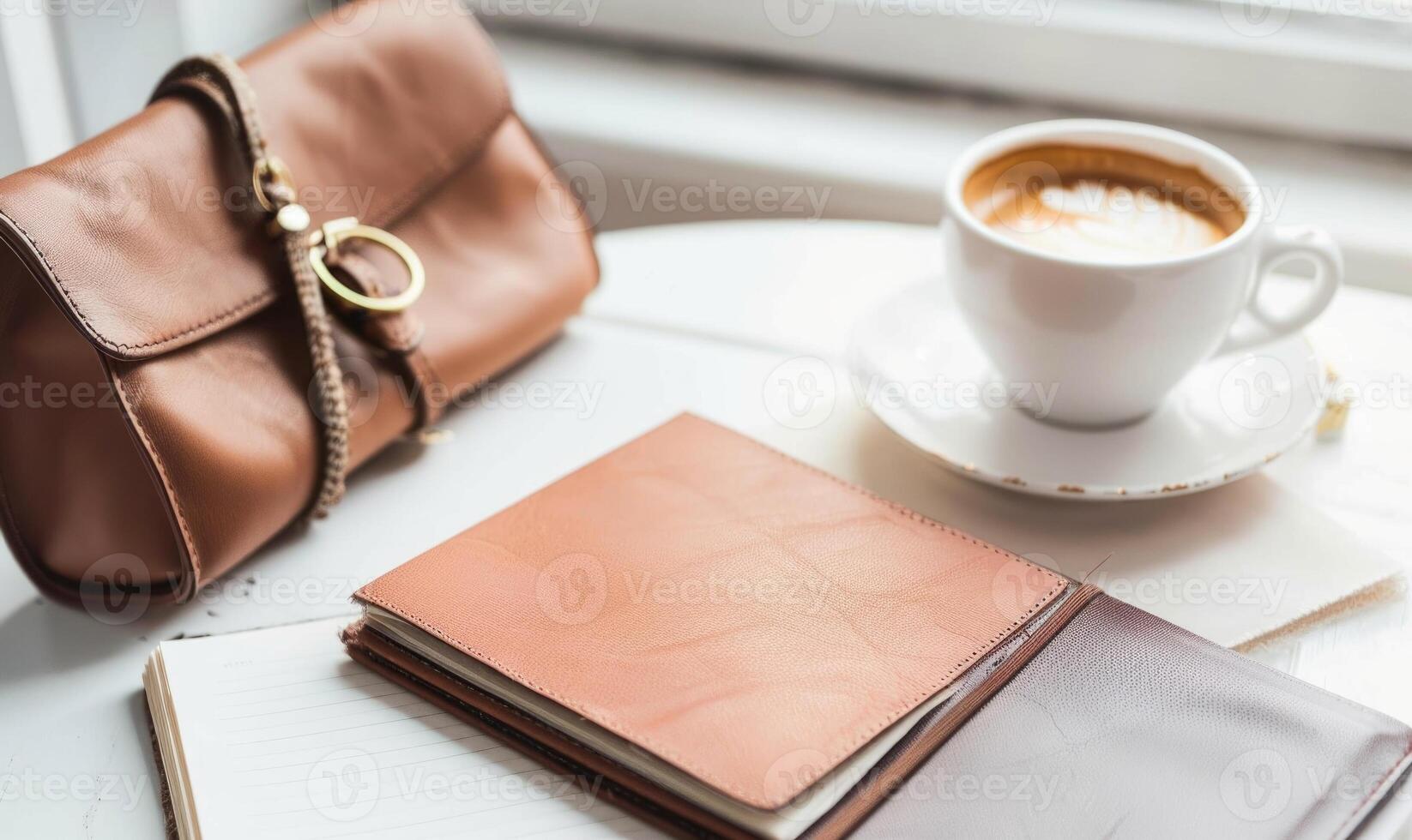 Closed notebook on a white table with a cup of coffee and a handbag photo