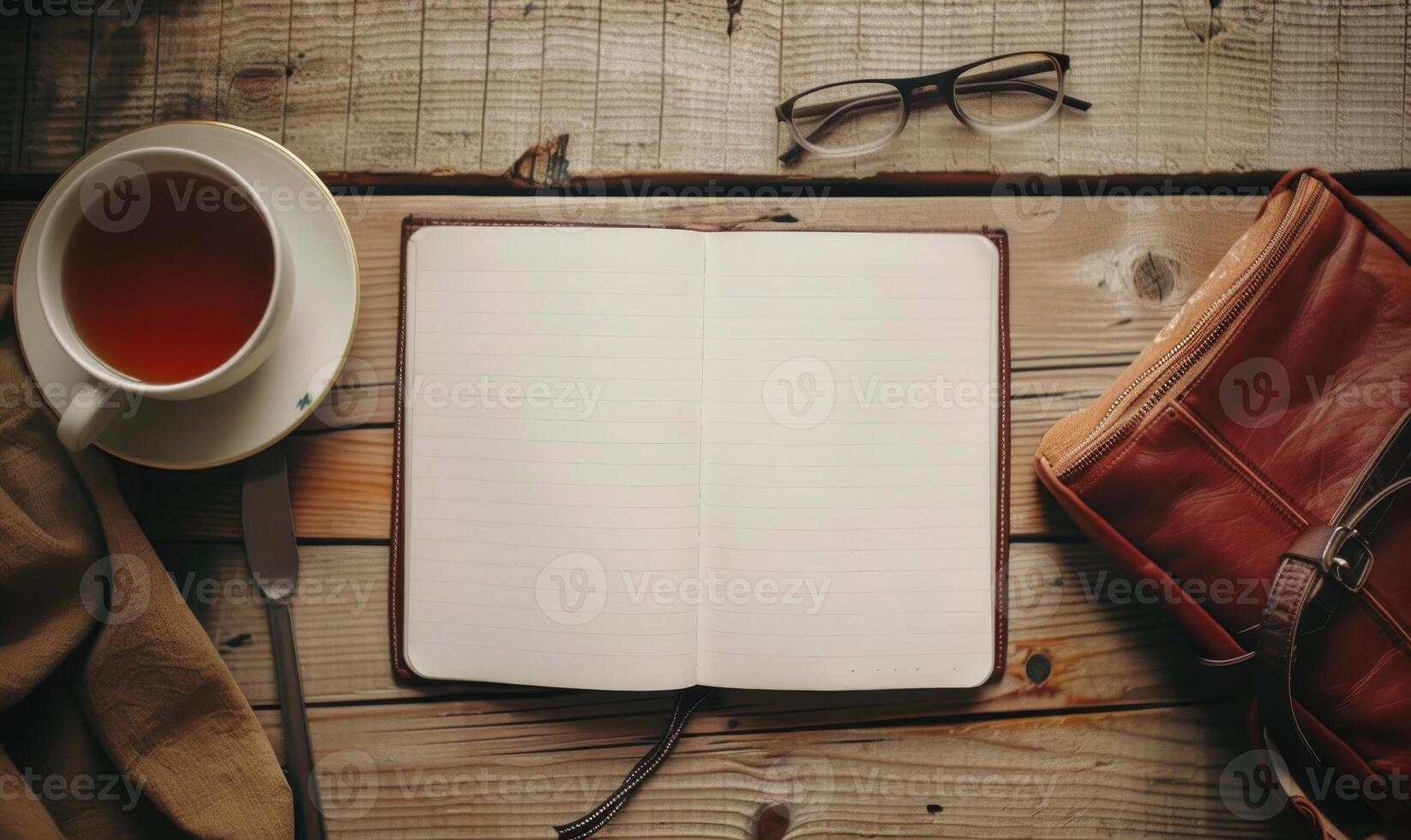 Notebook on a wooden table with a cup of tea and a handbag photo