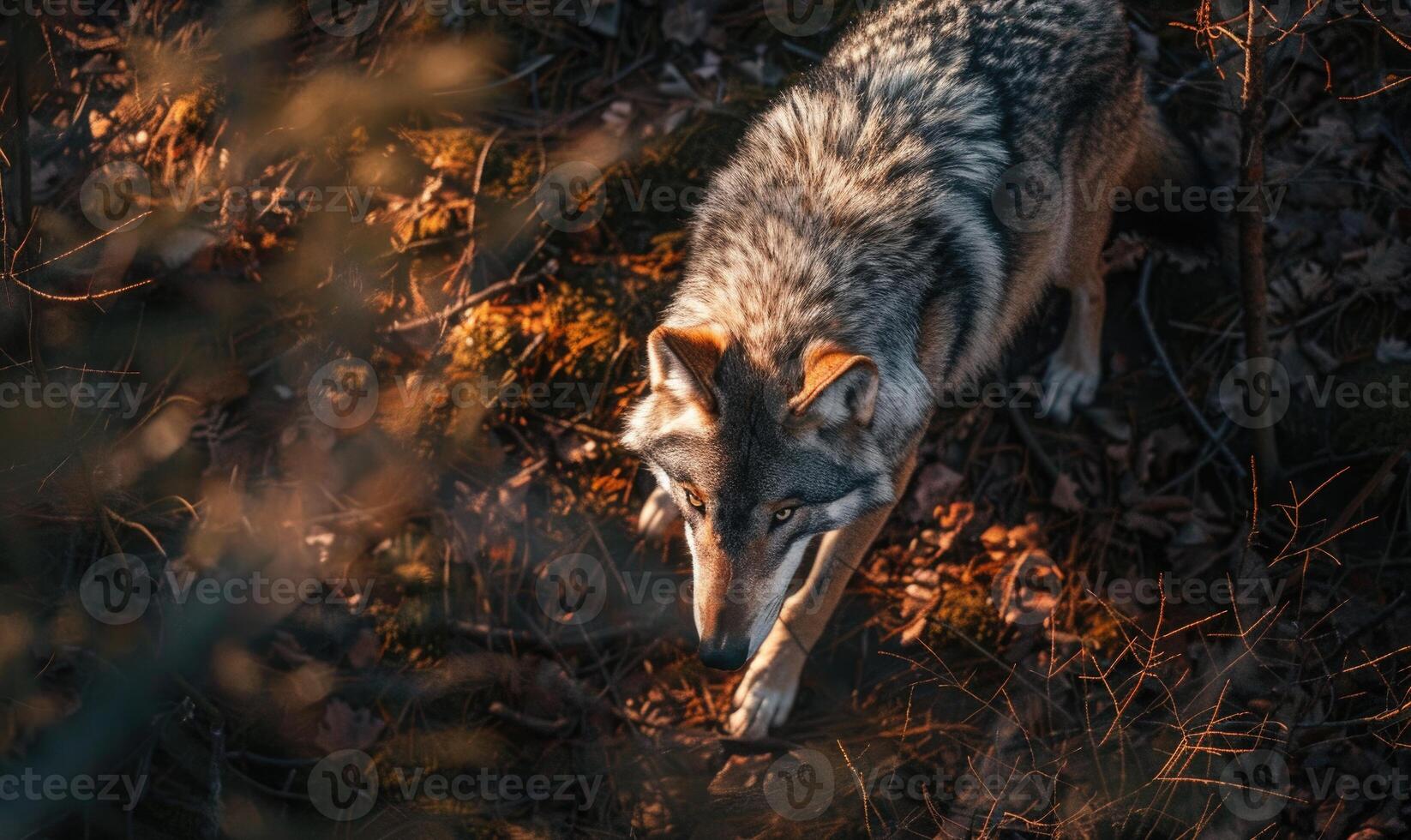 Top view of a wolf prowling through the forest photo