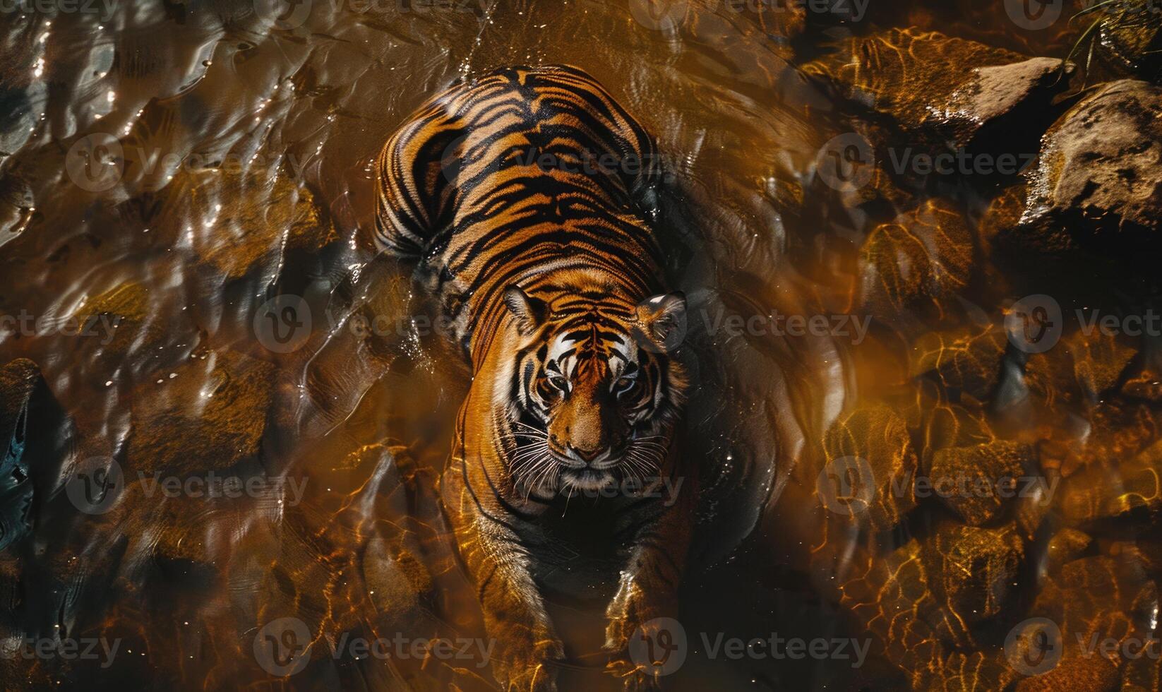 Top view of a tiger bathing in the river photo