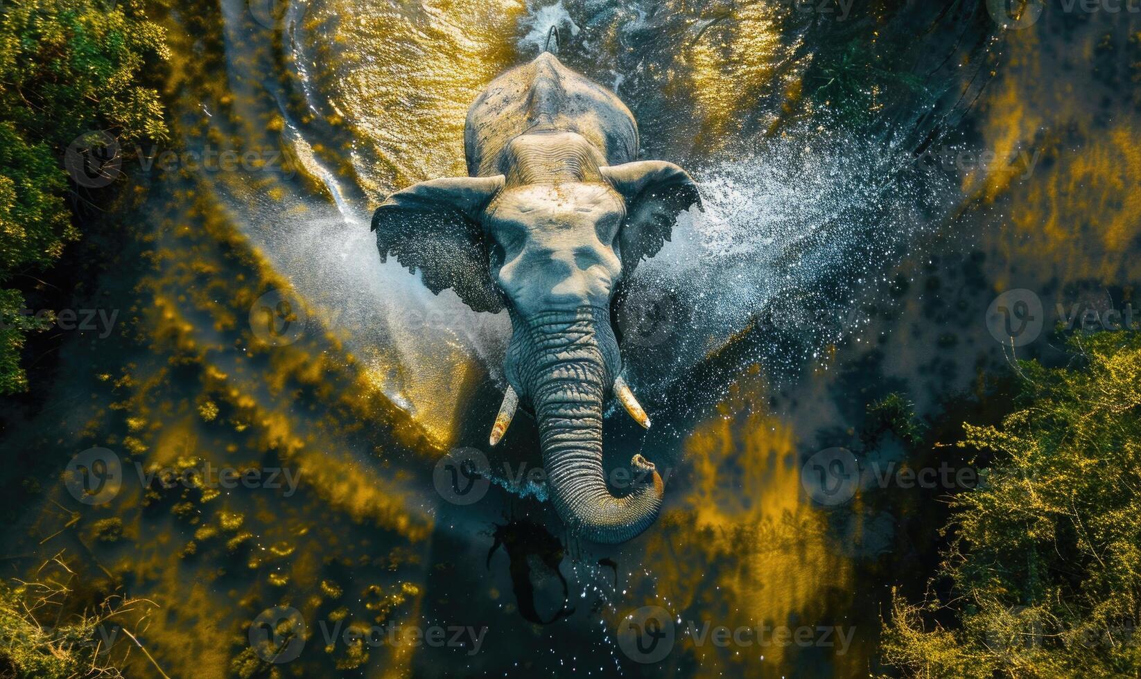 Top view of an elephant spraying water with trunk photo