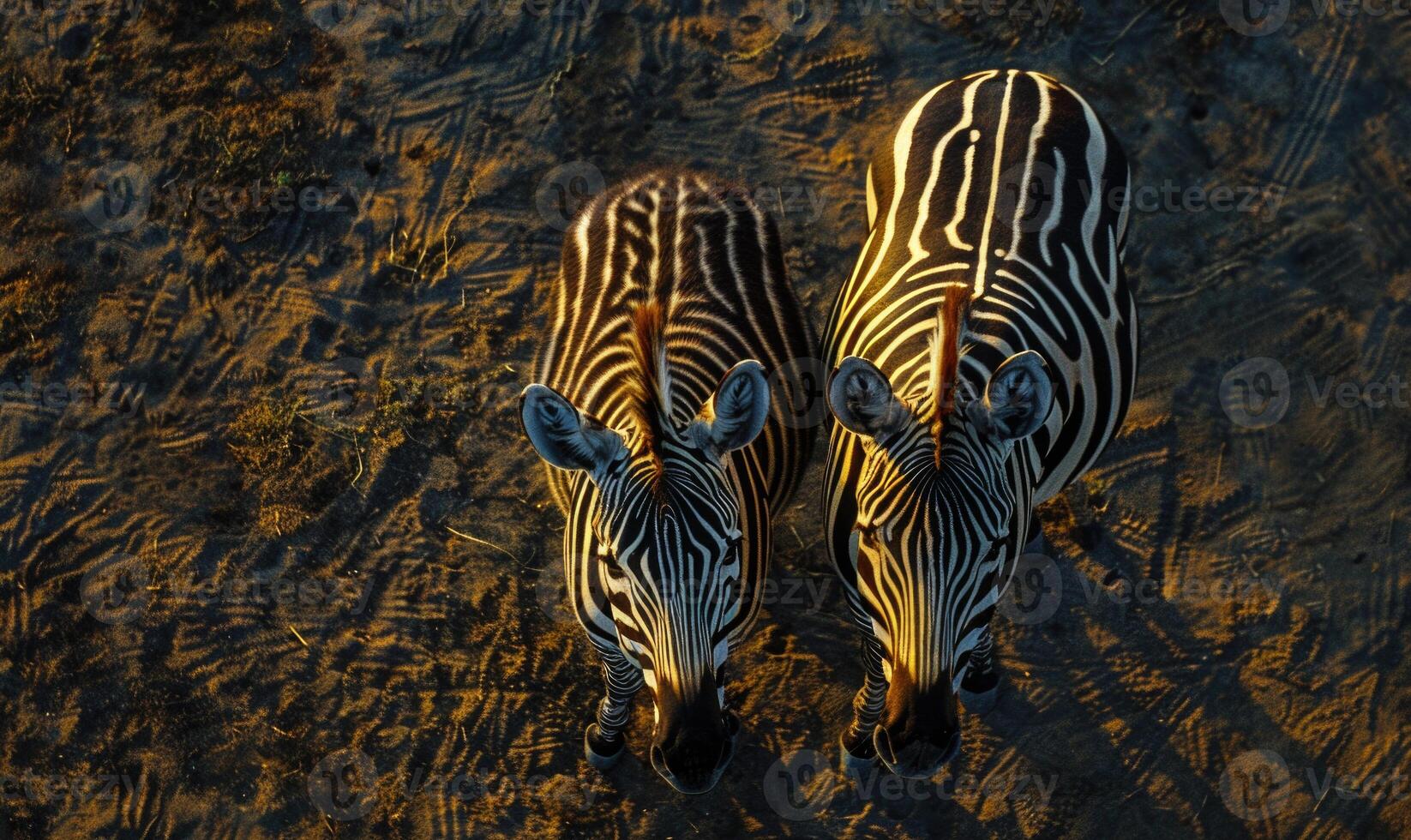 Top view of a zebra pair standing side by side photo