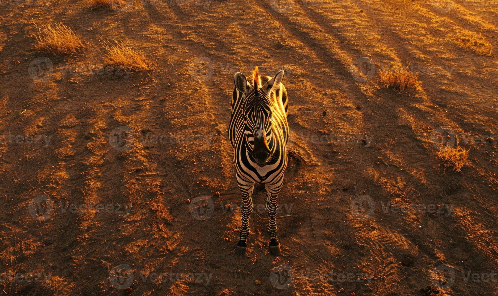 Top view of a zebra standing alone, looking towards the horizon photo