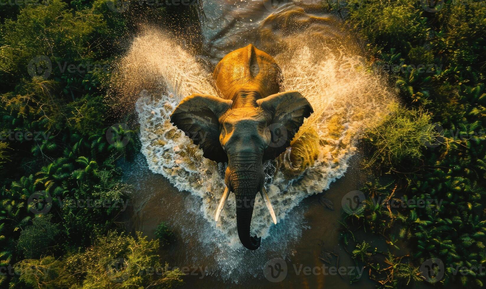 Top view of an elephant spraying water with trunk photo