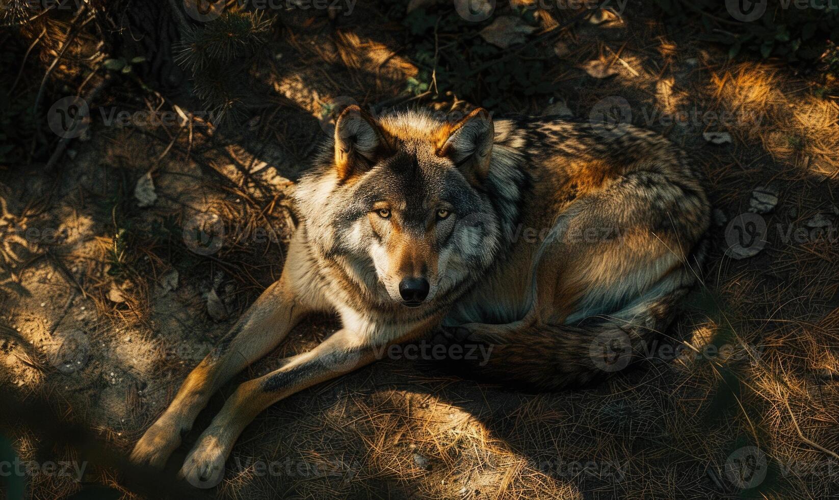 Top view of a wolf lying in the shade photo