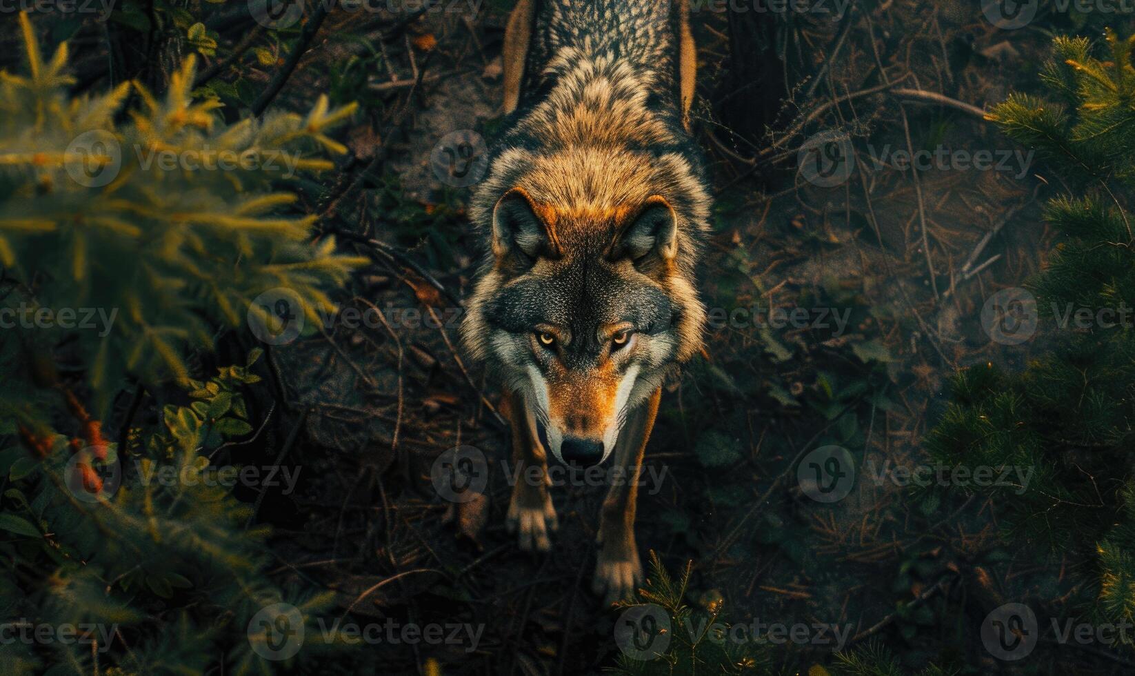 Top view of a wolf stalking prey in the forest photo